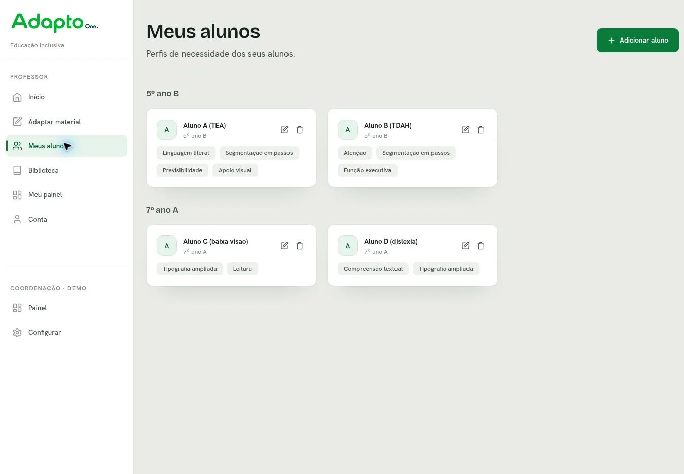 Tela Meus alunos do Adapto com perfis fictícios de demonstração e suas necessidades de adaptação.