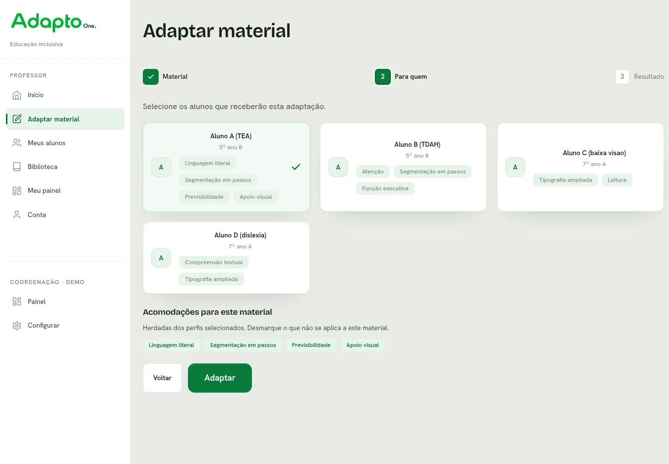 Segunda etapa no Adapto: escolha do aluno fictício e as acomodações herdadas do perfil para este material.