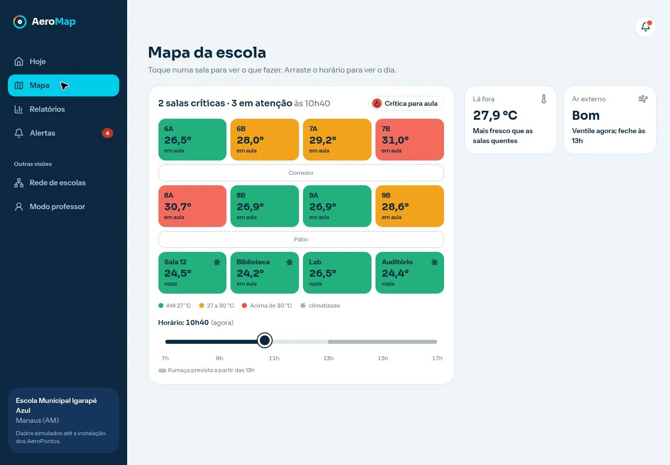 Mapa da escola no AeroMap com a temperatura de cada sala, legenda por faixa e controle de horário ao longo do dia.