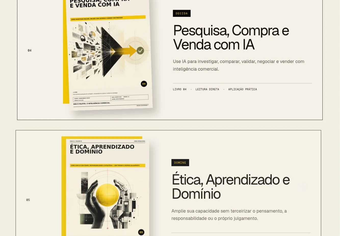 Volumes Pesquisa, Compra e Venda com IA e Ética, Aprendizado e Domínio, com capas e descrições.