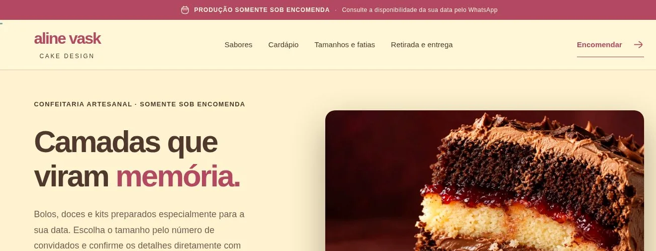 Topo do site da confeitaria Aline Vask, com o título Camadas que viram memória e a foto de um bolo.