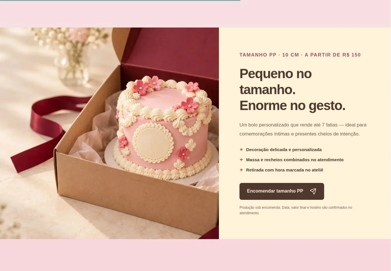 Seção de produto da Aline Vask: bolo tamanho PP, preço inicial, descrição e botão de encomenda.