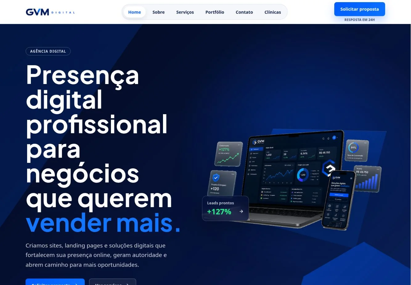 Página inicial do site da GVM Digital: Presença digital profissional para negócios que querem vender mais.