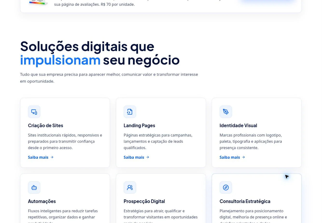 Grade de serviços da GVM Digital: criação de sites, landing pages, identidade visual, automações, prospecção e consultoria.