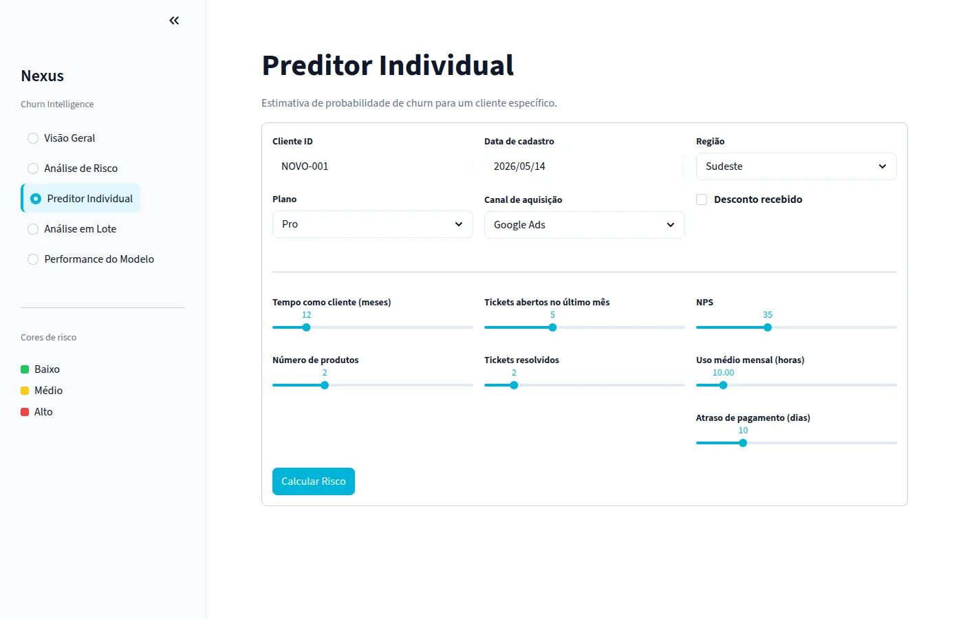 Tela Preditor Individual do Nexus com o formulário de um cliente de exemplo para estimar o risco de churn.