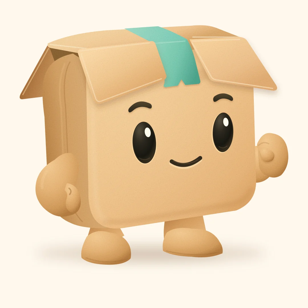 Mascote Appley: uma caixa de papelão dourado claro com fita verde-menta, olhos brilhantes e sorriso, acenando.