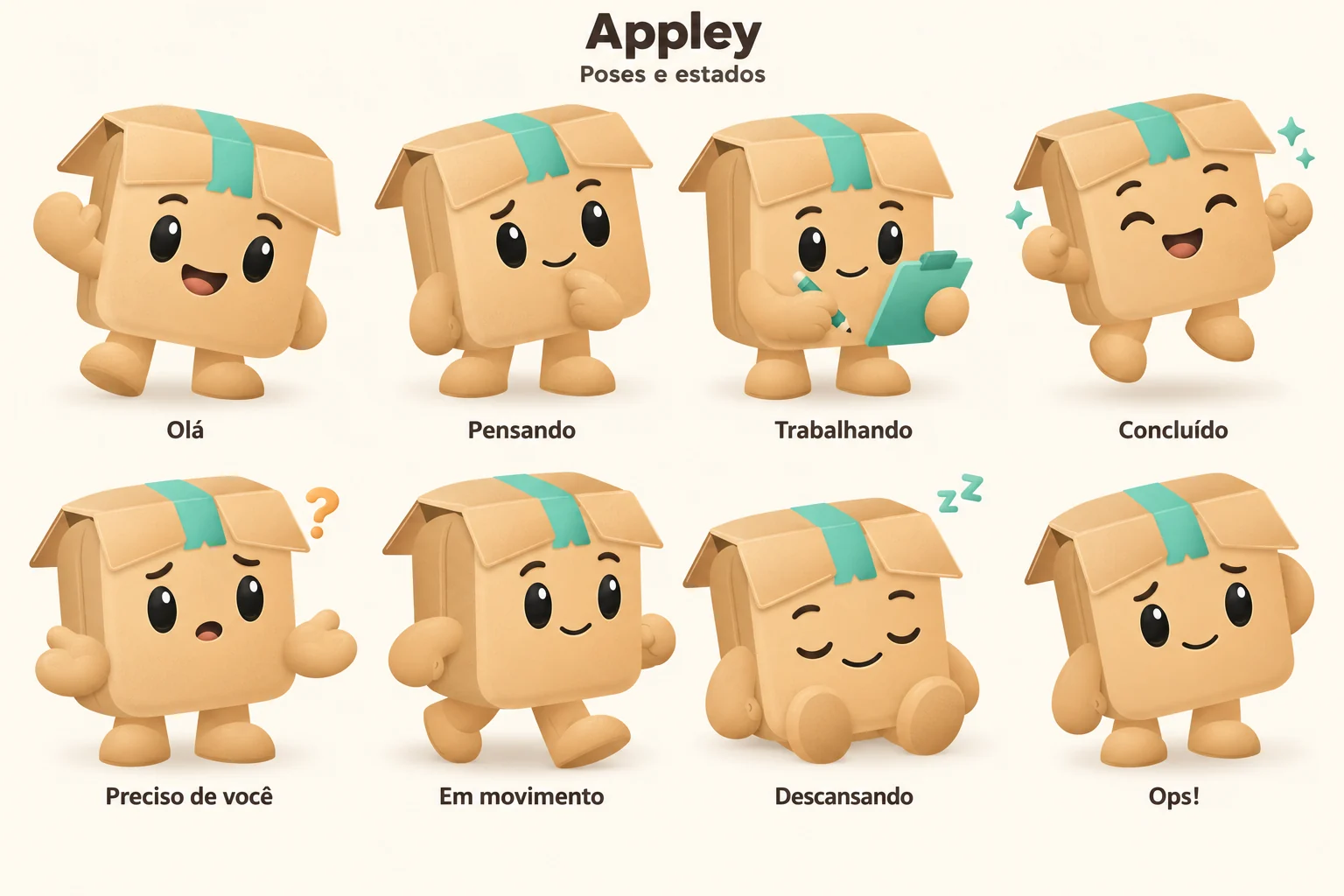 Prancha com oito estados do Appley: Olá, Pensando, Trabalhando, Concluído, Preciso de você, Em movimento, Descansando e Ops!