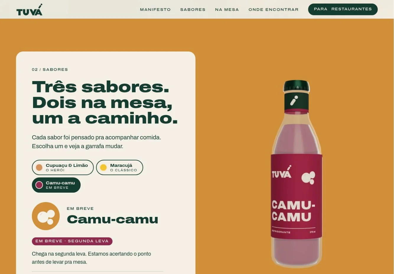 Seção Sabores da TUVÁ com Camu-camu selecionado, marcado como em breve.