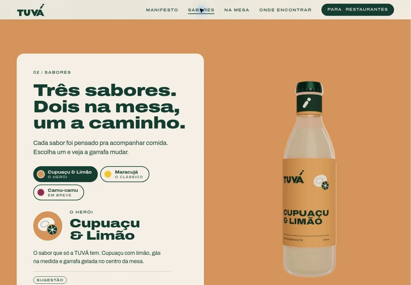 Seção Sabores da TUVÁ com Cupuaçu & Limão selecionado e a garrafa em 3D.