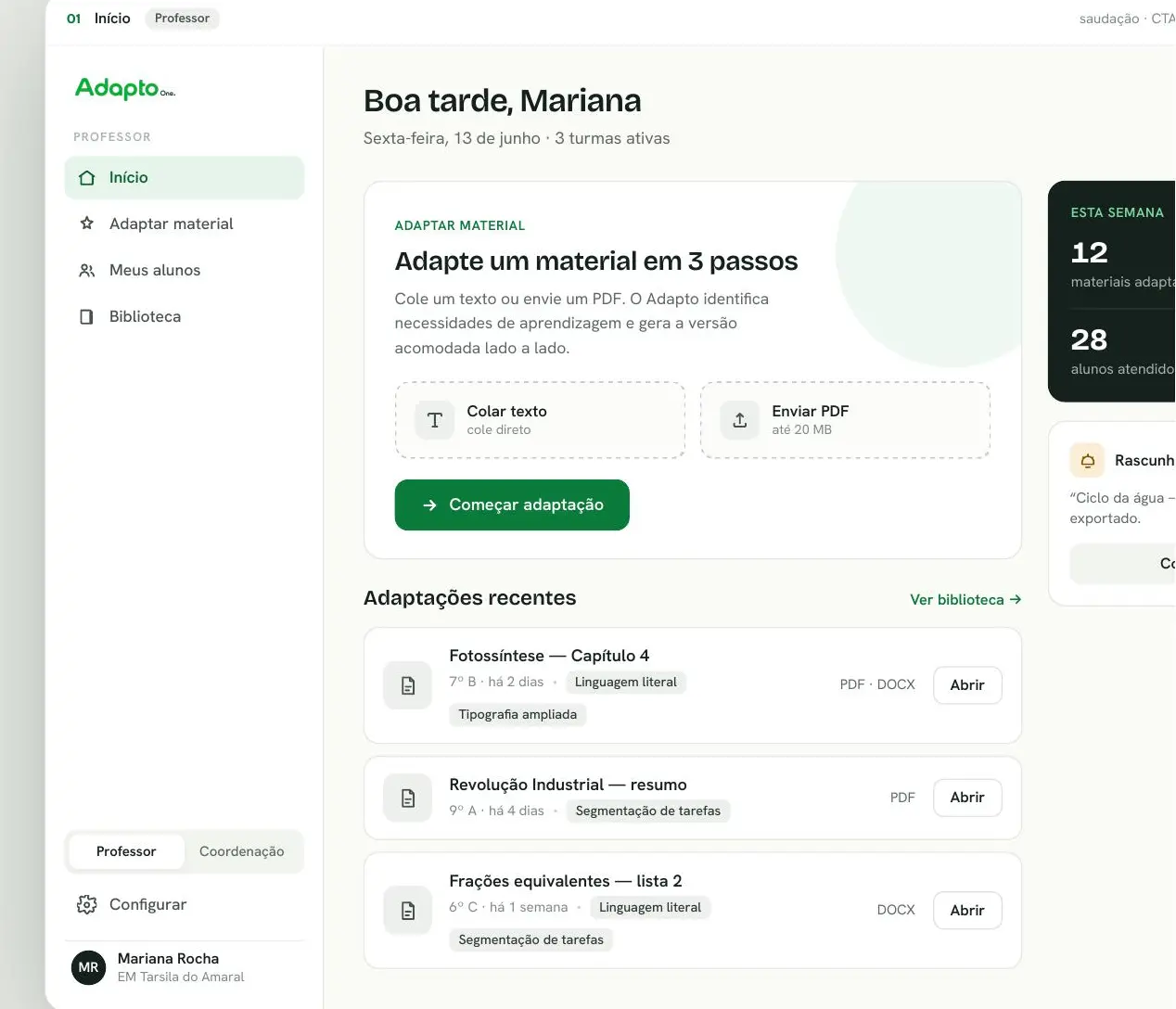 Tela real do Adapto para adaptação de materiais educacionais